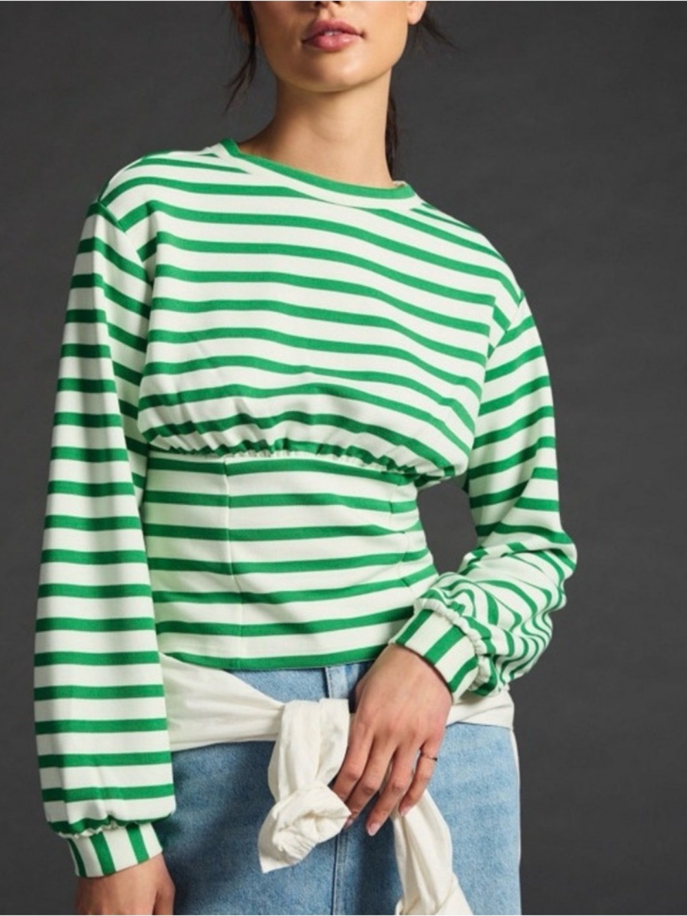 Striped Green and White Long-Sleeve Top, Size XL